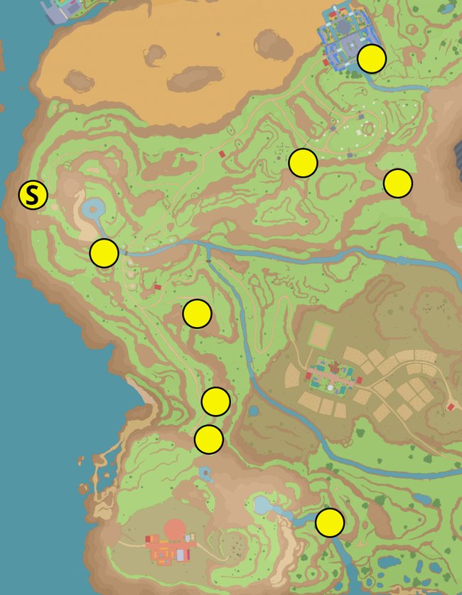Die Karte zeigt euch die Fundorte des gelben Schreins (S) und der dazugehörigen Pfähle. (Quelle: mapgenie.io)