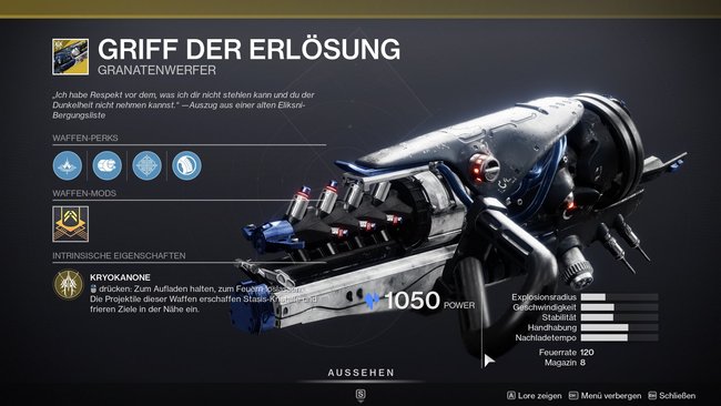 Die erste Waffe mit Stasis-Element: „Griff der Erlösung“.