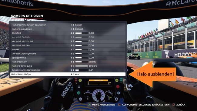 Stellt den Halo-Überrollbügel für bessere Sicht auf die Strecke aus.