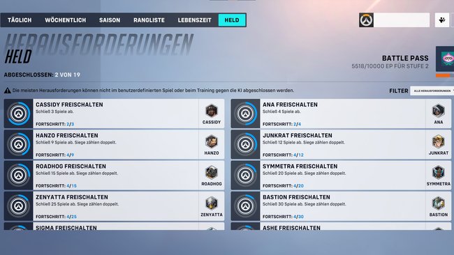 Bei den Helden-Herausforderungen könnt ihr sehen, wie nah ihr am Freischalten des nächsten Helden seid. (Bildquelle: Screenshot spieletipps)