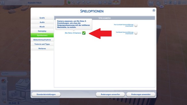 Aktiviert die Kamera-Einstellungen von Sims 3 im Menü.