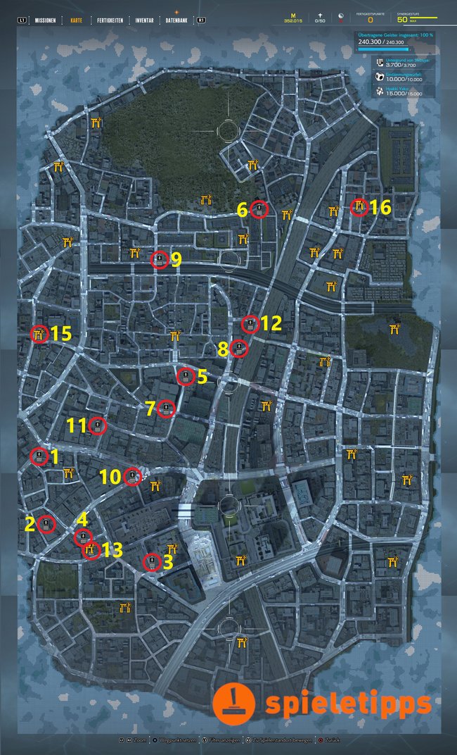 Karte mit Fundorten der Sprachaufnahmen und Laptops (Quelle: Screenshot spieletipps).