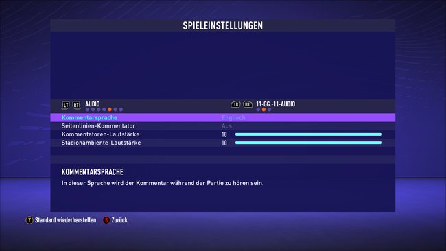 Hier unter den Spieleinstellungen könnt ihr Kommentatoren ändern oder ausschalten.