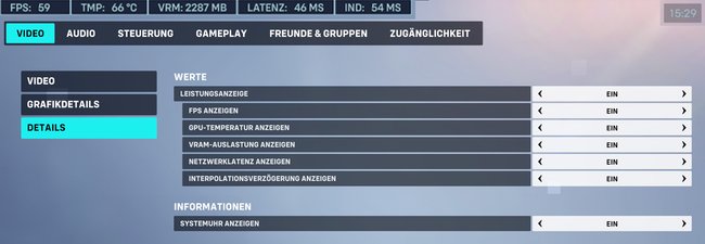 Wissen ist Macht – In den Optionen von Overwatch könnt ihr euch neben den FPS noch weitere Anzeigen aktivieren. (Bildquelle: Screenshot spieletipps)