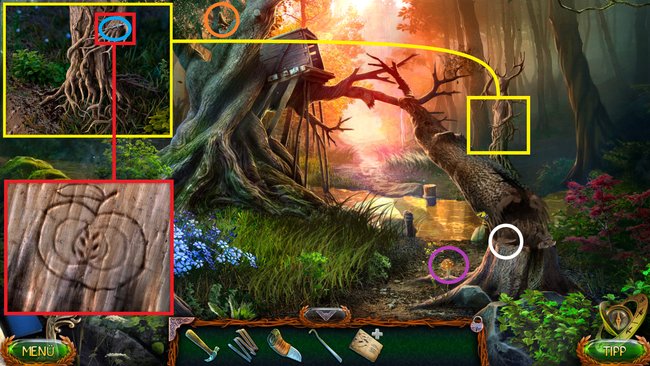 Nehmt den Uhrzeiger und untersucht das Symbol in der Handffäche der Baum-Figur. (Bildquelle: Bearbeiteter Screenshot - spieletipps)