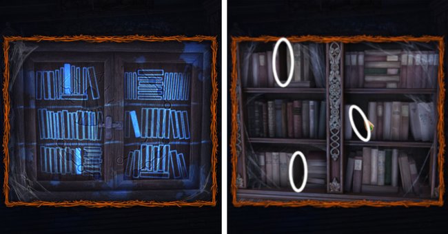 Wählt rechts das Bücherregal an und klickt entsprechend der Zeichnung auf den Fensterläden auf die drei hervorgehobenen Bücher.