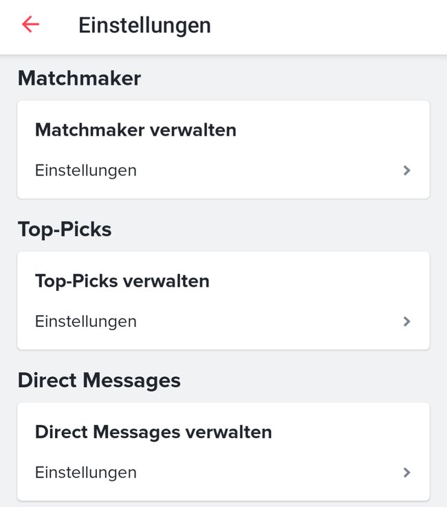 Ein Screenshot der Einstellungen bei Tinder.