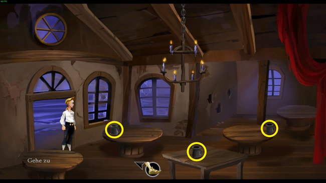 Kehrt in die Scumm Bar zurück und sammelt die Becher ein, um den Grog zum Gefängnis zu bringen. Quelle: Screenshot spieletipps.de