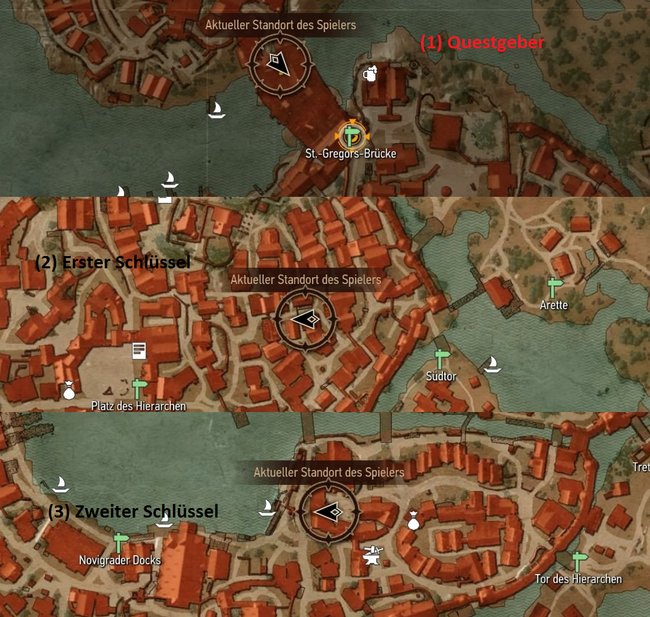 Um Novigrad, die gesperrte Stadt zu entschlüsseln, benötigt ihr drei Schlüssel. (Bildquelle: Screenshot spieletipps)