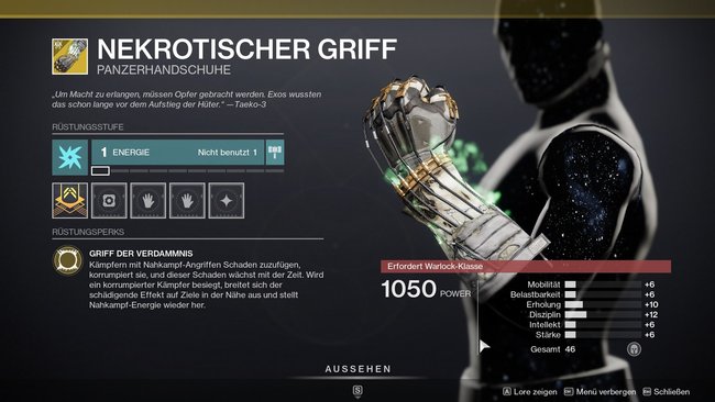 Exotische Panzerhandschuhe für Warlocks: Nekrotischer Griff.