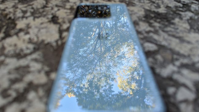 Das Smartphone OnePlus 10T liegt mit der Rückseite nach oben auf einem Stein. In der Rückseite spiegeln sich Baumkronen.