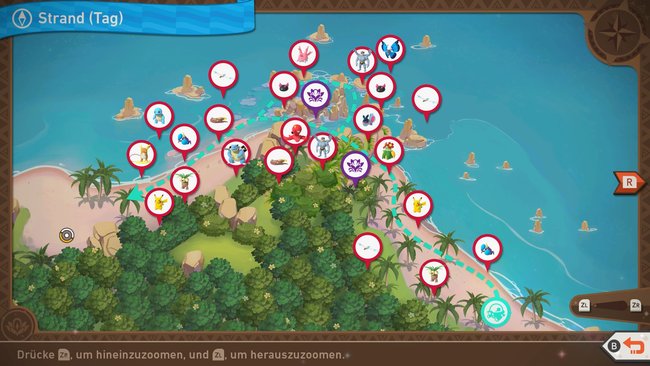 Karte mit Pokémon-Fundorten auf der Strecke „Strand (Tag)“.