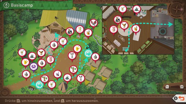 Karte mit Pokémon-Fundorten auf der Strecke „Basiscamp“.
