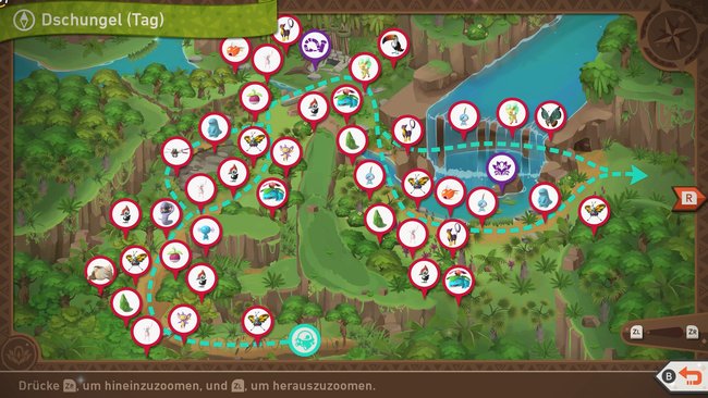 Karte mit Pokémon-Fundorten auf der Strecke „Dschugel (Tag)“.
