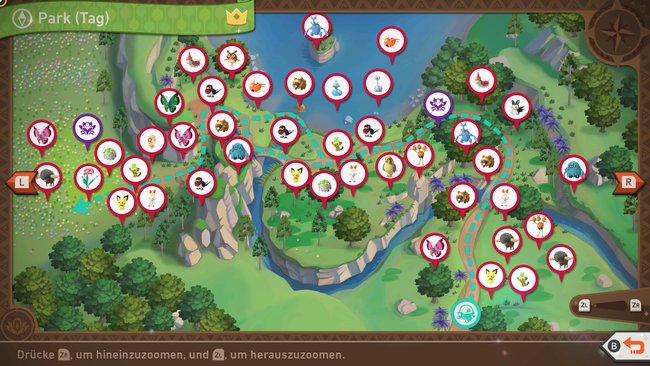 Karte mit Pokémon-Fundorten auf der Strecke „Park (Tag)“.