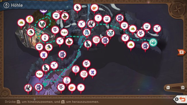 Karte mit Pokémon-Fundorten auf der Strecke „Höhle“.