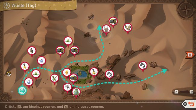 Karte mit Pokémon-Fundorten auf der Strecke „Wüste (Tag)“.