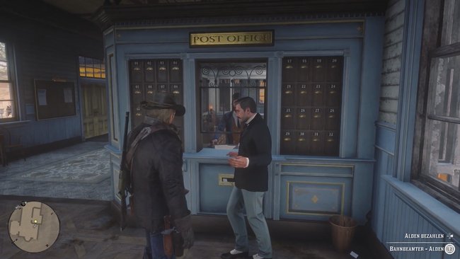 Telawny bequatscht den Postmeister Alden. Um ein paar nützliche Informationen zu erhalten, müsst ihr ihm ein paar Dollar zuschieben.