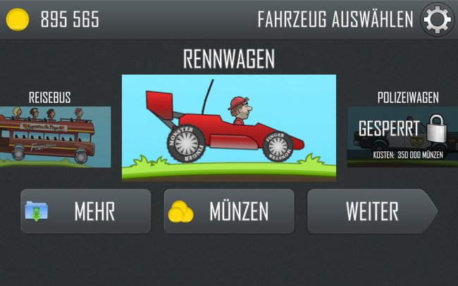 Der Rennwagen ist ganz seinem Namen entsprechend das schnellste Auto in Hill Climb Racing. (Bildquelle: Screenshot spieletipps)