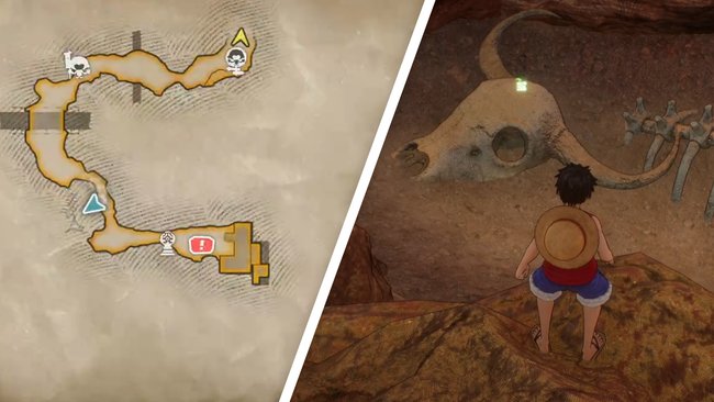 Auf dem Schädel in der Höhle der Baroque-Firma liegt ein Würfelfragment für Ruffy. (Bildquelle: Screenshot spieletipps)