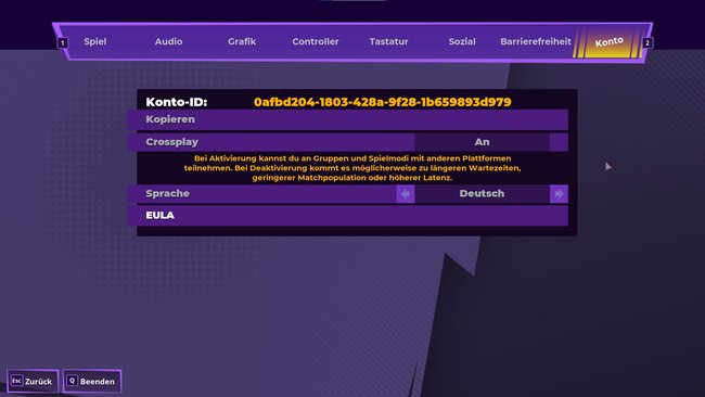 In Rumbleverse könnt ihr Crossplay im Untermenü Konto mit einem einfachen Klick aktivieren oder deaktivieren. )Bildquelle: Screenshot spieletipps)