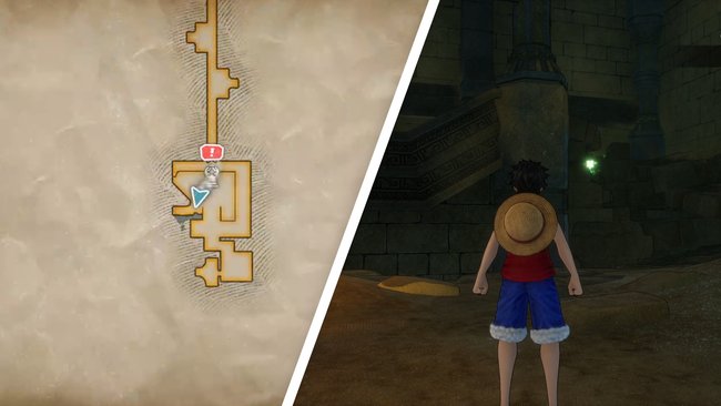 Links neben der Treppe auf dem großen Platz kann Ruffy Sanjis Würfelfragment greifen. (Bildquelle: Screenshot spieletipps)