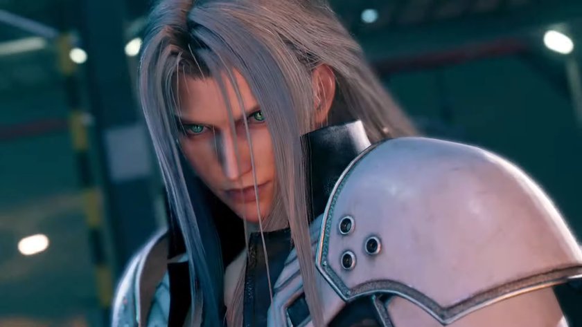 Cloud sieht Sephiroth vor sich auf der Straße, der allein mit seinem Blick einen Güterzug aufhalten könnte.