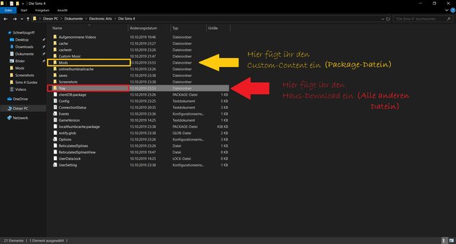 Hier sehr ihr den Sims 4 Ordner, in welchem sich der Mod-Ordner und der Tray-Ordner befinden.