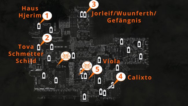 Es ist gar nicht so einfach, alle NPCs zu finden. Die Karte hilft euch dabei, sie und die Mordopfer des Schlächters aufzuspüren. (Quelle: Screenshot und Bearbeitung spieletipps.de)