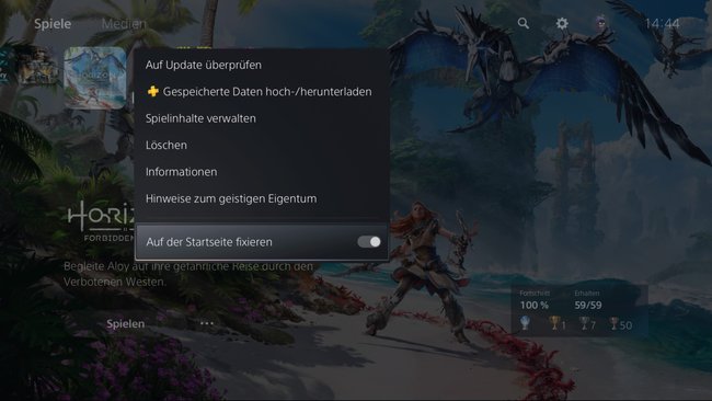 So sieht es in den Optionen der jeweiligen Kachel aus, wenn ihr das Spiel auf der Startseite fixiert habt. (Bildquelle: Screenshot spieletipps)