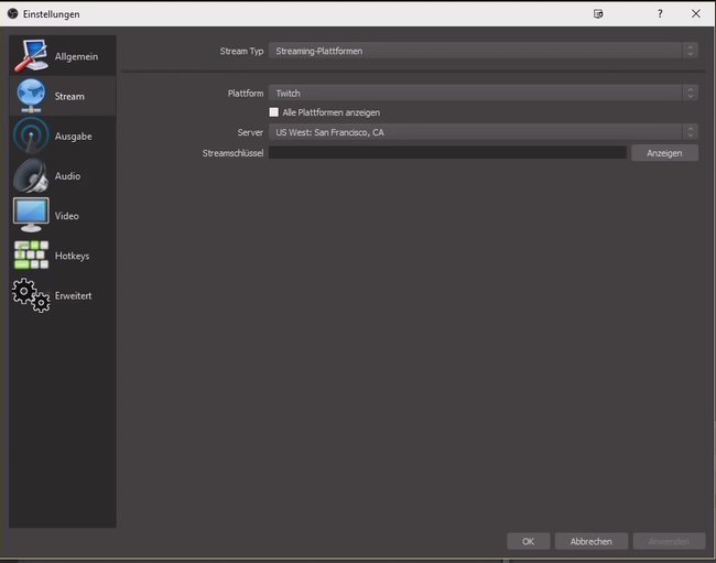 Bei OBS müsst ihr hier den Stream-Schlüssel von Twitch einfügen.