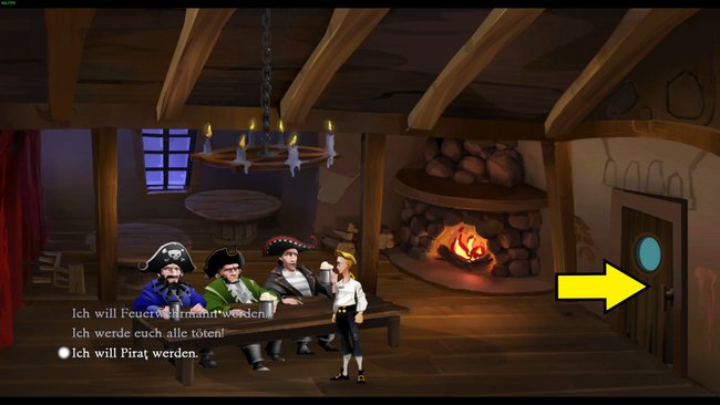 Geht in die Scumm Bar, weiter in den Hinterraum und sprecht hier mit den drei Piraten. Quelle: Screenshot spieletipps.de