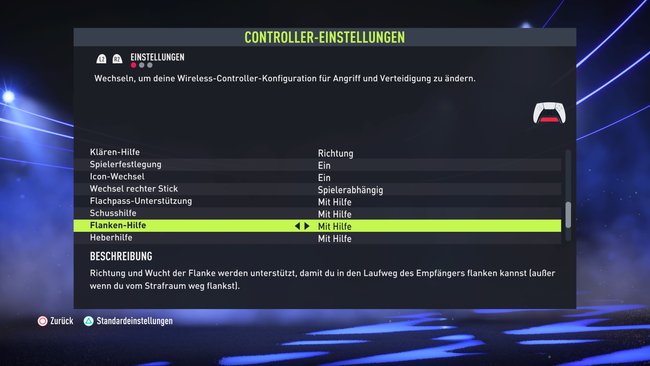 Könnt ihr kaum Tore schießen, solltet ihr einige Hilfen im Controller-Menü aktivieren.