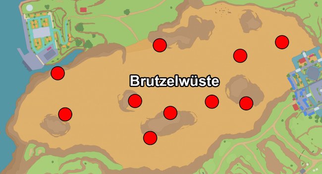 Die Karte zeigt euch die Fundorte zehn Trainer in der Brutzelwüste. (Quelle: mapgenie.io)