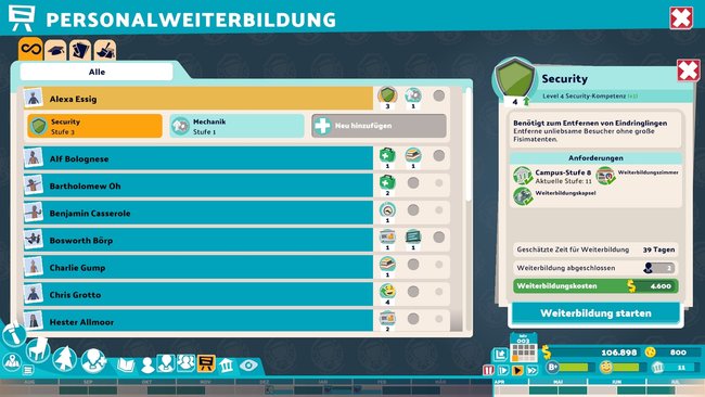 In der Mitarbeiter-Übersicht seht ihr den derzeitigen Status der Weiterbildung aller Mitarbeiter und könnt dort auch neue Weiterbildungen starten. (Bildquelle: Screenshot spieletipps.de)