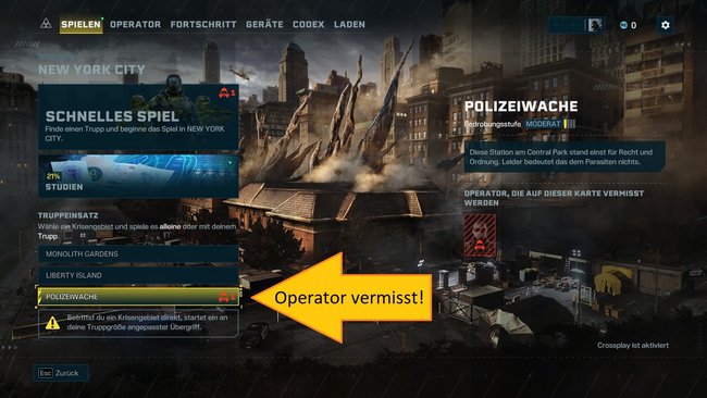 Auf dieser Karte gilt ein Operator als vermisst. Startet hier eine Mission, um ihn zu befreien.