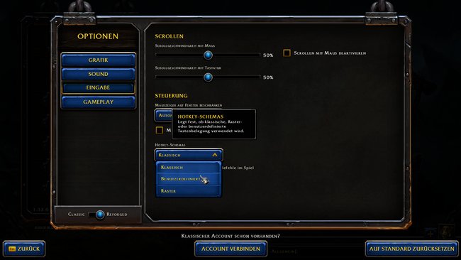 Unter Optionen, Eingabe und Steuerung könnt ihr einstellen, ob ihr die klassischen Hotkeys behalten oder eigene verwenden wollt.