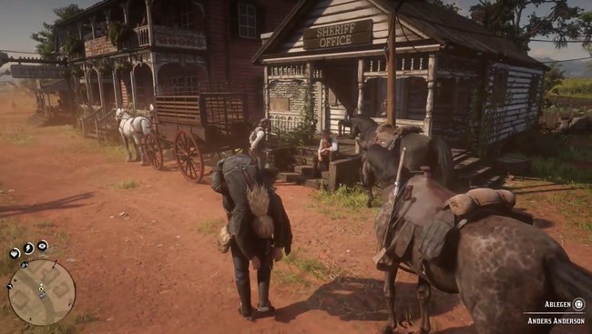 In Rhodes angekommen, hebt Anderson von eurem Pferd herunter und legt ihn vor dem Sheriff-Büro ab.