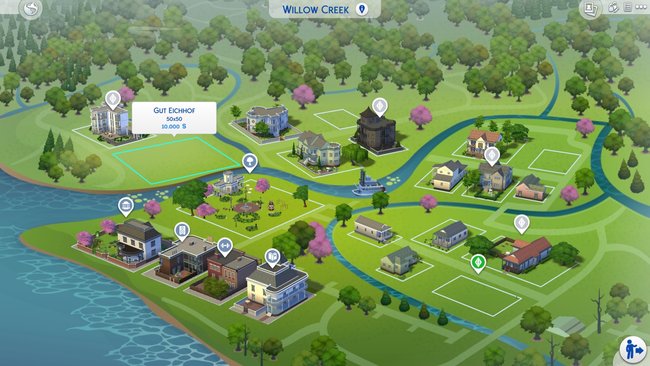 Planiert beispielsweise in Willow Creek entweder Gut Eichhof oder den Magnolienblütenpark, um ein Startergrundstück zu ergattern.