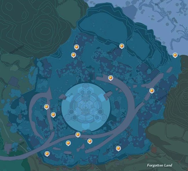 Die Karte zeigt euch die Fundorte aller Goldkerne im Asperia Tower of Fantasy. (Bildquelle: appsample.com)