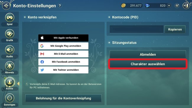 Über die Konto-Einstellungen könnt ihr euren Charakter im laufenden Spiel wechseln (Quelle: Screenshot spieletipps).