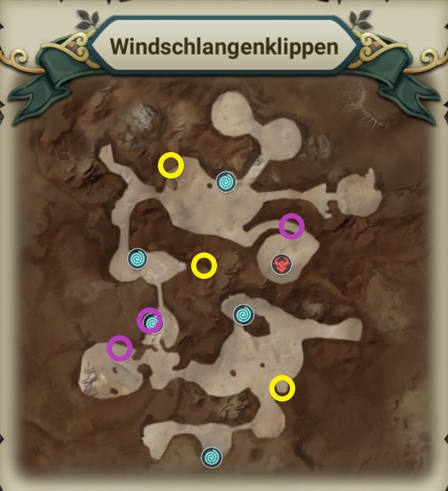 Schatzkisten (Gelb) und Aussichtspunkte (Lila) bei den Windschlangenklippen (Quelle: Screenshot spieletipps).