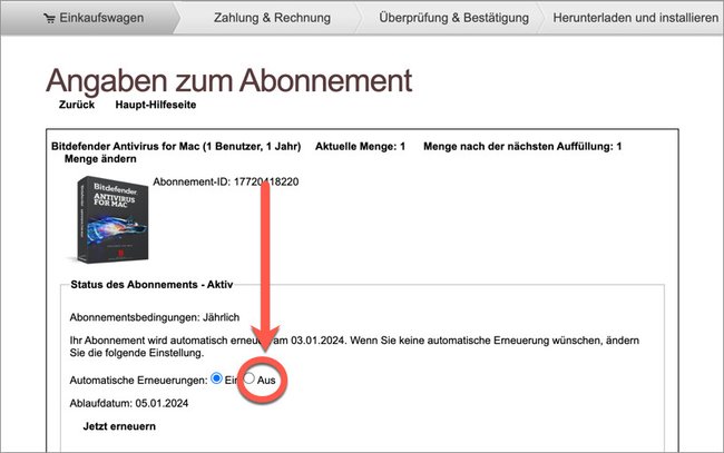 Hier deaktiviert ihr das Bitdefender-Abo. (Bildquelle: Bitdefender.de)