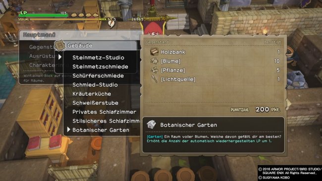 Ein Botanischer Garten lässt eure LP automatisch regenerieren. Ein nützlicher Trick bei Dragon Quest Builders.