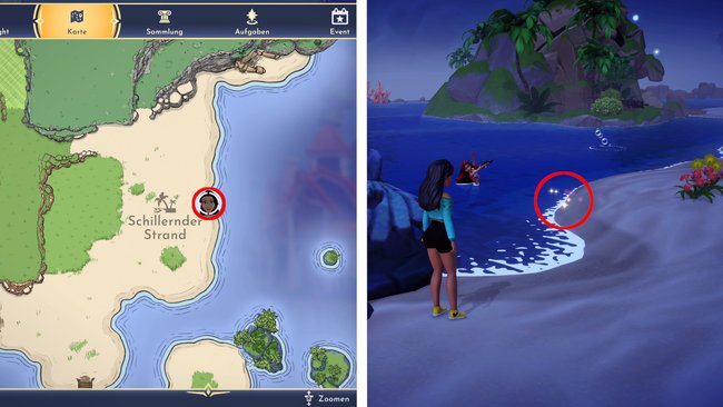 Meerwasser findet ihr bei der glitzernden Stelle am Strand (Quelle: Screenshot spieletipps).