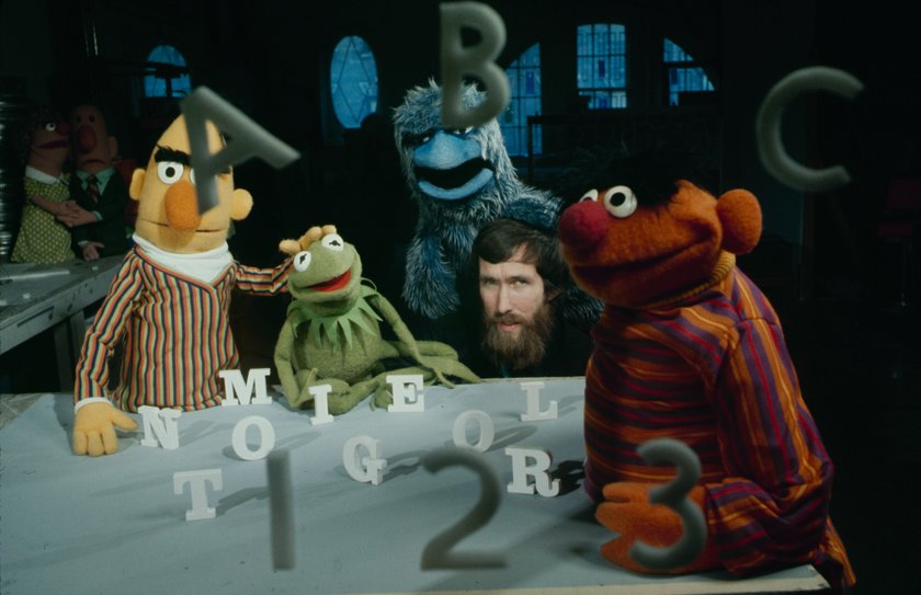 Jim Henson, Sesame Street puppeteer with muppet characters including Kermit the frog, Ernie, and Ber