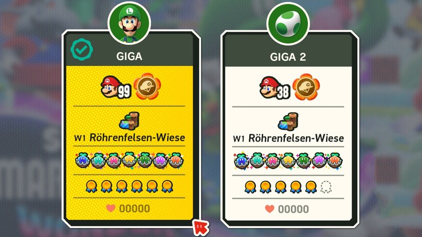 So sieht der Spielstand in Super Mario Bros. Wonder aus, wenn ihr 100 % erreicht. (Bildquelle: Screenshot GIGA)