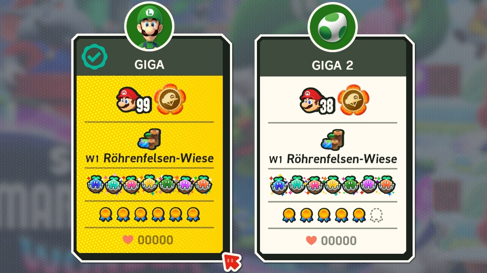 So sieht der Spielstand in Super Mario Bros. Wonder aus, wenn ihr 100 % erreicht. (Bildquelle: Screenshot GIGA)