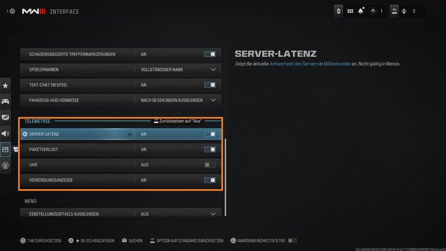 Lasst euch in CoD MW 3 in der Rubrik Telemterie eure Verbindung anzeigen. (Bildquelle: Screenshot GIGA)