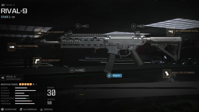 So sieht das Allrounder-Loadout von der Rival-9 in CoD MW 3 aus. (Bildquelle: Screenshot GIGA)